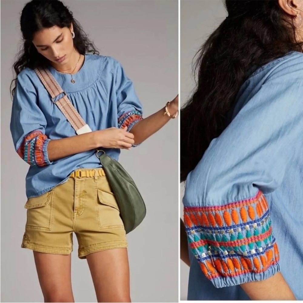 Anthropologie Dolan Chambray Top with Embroidered Sleeves